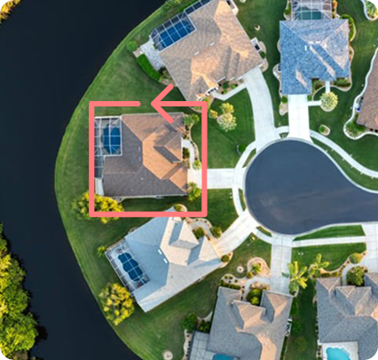 Cul de sak of homes with grids over them and an arrow over the middle home
